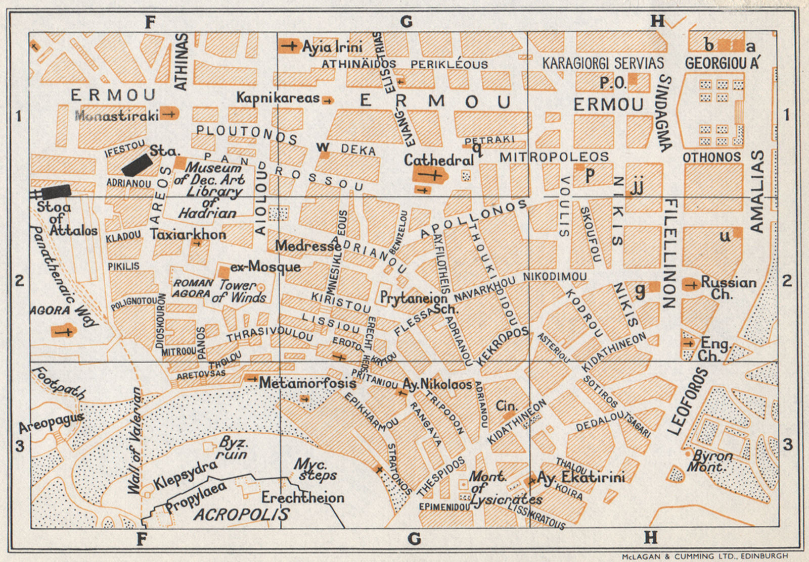 PLAKA & SYNTAGMA neighbourhoods. Vintage map plan. Athens, Greece 1962 old